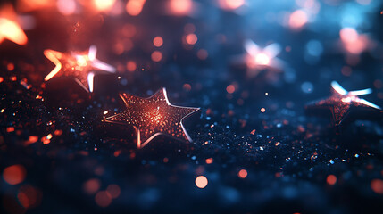Shimmering stars resting on a sparkling surface illuminated by soft blue and orange lighting