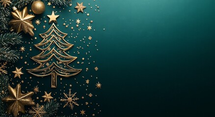 A minimalist Christmas background featuring golden stars, snowflakes, and a Christmas tree silhouette, with a rich emerald green gradient, suitable for festive design.