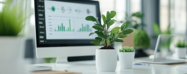 Eco-conscious growth metrics on screen in boardroom, team discussing sustainable finance