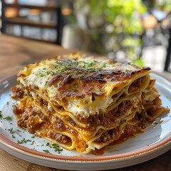 Fototapeta premium Closeup of lasagna with meat and cheese on a plate.