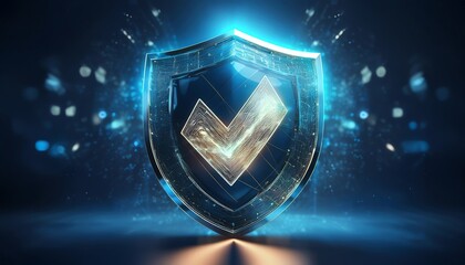 A glowing digital shield with a check mark symbolizes security, trust, and protection in technology and online environments.