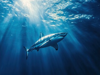 Fototapeta premium Majestic Great White Shark Swimming Through Sunlit Ocean Depths