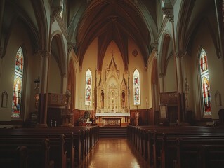 Fototapeta premium Majestic Interior of a Historic Church with Ornate Architecture and Stained Glass