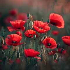 Obraz premium Beautiful red poppies blooming in the field at sunset