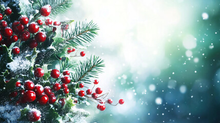 Obraz premium Winter holiday scene with snow-covered berries and evergreen branches in a tranquil setting