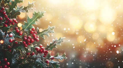 Festive holly branches adorned with bright berries against a sparkling winter background