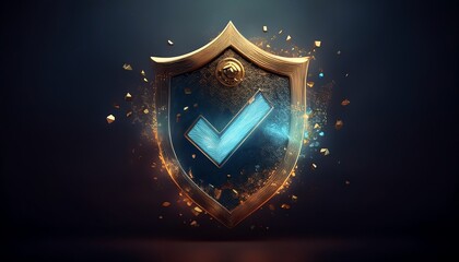 A glowing shield with a blue checkmark, symbolizing security and validation, created with vibrant particles and rich textures.