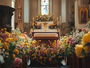 Ornate Altar of a Traditional Religious Ceremony with Floral Arrangements and Candles