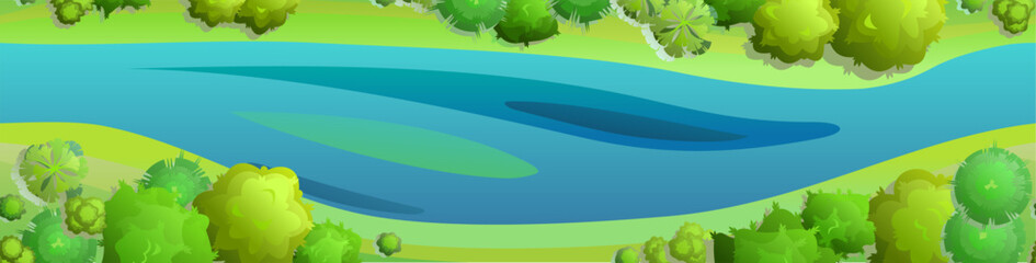 The Blue River flows along. View from above. View from copter or helicopter. Summer landscape. Scenery green. Seamless composition. Vector