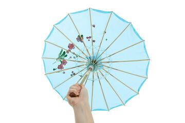 PNG, One blue Japanese umbrella in hand, isolated on white background