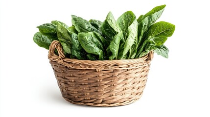 Fresh Spinach in Woven Basket with Green Leaves