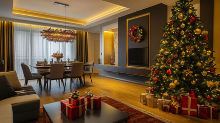 Festively decorated living room with a Christmas tree and dining area in a modern home