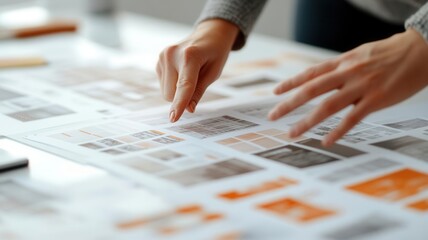 Close-up of hands pointing at catalog designs, brand strategy session in office