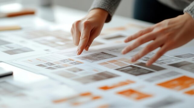 Close-up of hands pointing at catalog designs, brand strategy session in office