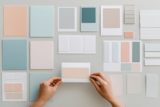 Hands picking catalog material from table, detailed brand identity development