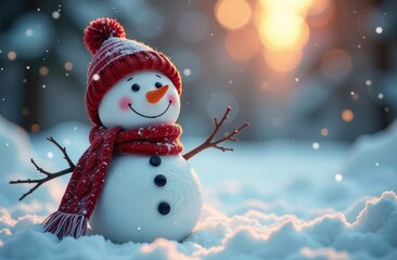 Cheerful snowman wearing a red scarf and hat stands in fresh snow amid falling snowflakes during a winter sunset