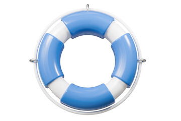 3d Inflatable blue swimming ring rubber icon. Summer and swimming holiday. Time to travel concept. Minimal cartoon lifebuoy for summer advertising creative icon on isolated blue background. 3d render.