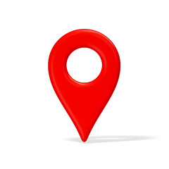 3d red plastic map location pointer with shadow isolated on transparent background. Destination pin rotated 0 degrees.
