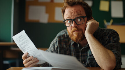 Student presenting plagiarized work, professor reaction, classroom setting, anxiety, academic integrity, educational environment, paper in hand, concerned expression, learning process, teaching