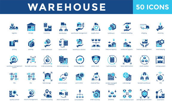 Warehouse icons set with logistics, storage, inventory, distribution, warehouse management, supply chain, fulfillment, material handling, shipping, receiving icon. Simple flat vector 
