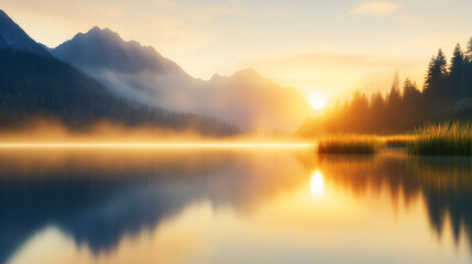 Fototapeta premium Sunrise over a serene mountain lake, mist rising with warm sunlight, nature’s calm.