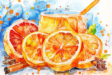 Watercolor illustration of glass of orange juice and slices of citrus