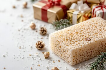 Fototapeta premium Christmas Sponge with Gifts and Decorations