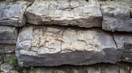 A close-up of layered stone blocks forming a natural or constructed wall.