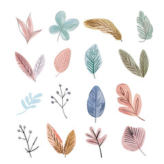Discover a stunning collection of handdrawn pastel botanical leaves and natural elements perfect for design, scrapbooking, and printing projects with a gentle and artistic flair
