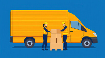 female worker in uniform is helping male driver unload boxes from yellow delivery truck, showcasing teamwork and efficiency in logistics
