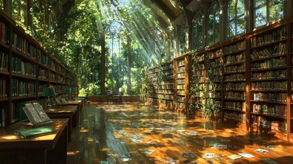 A tranquil library filled with sunlight and greenery, showcasing shelves lined with books in a serene natural environment