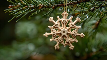 Detailed shot of an intricate delicate snowflake ornament hanging from the branch of an evergreen tree