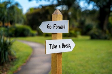 A path diverging into two clear trails with simple signs, â€œGo Forwardâ€ or â€œTake a Break,â€ capturing a serene approach to choices