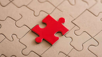 Fototapeta premium red puzzle piece stands out on beige puzzle background, symbolizing feeling of being out of place or needing to find connection
