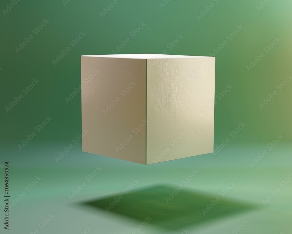 Wall mural A white cube hovering above a green background. AI.