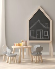 Kids Playroom with Wooden Table and Chairs and Chalkboard