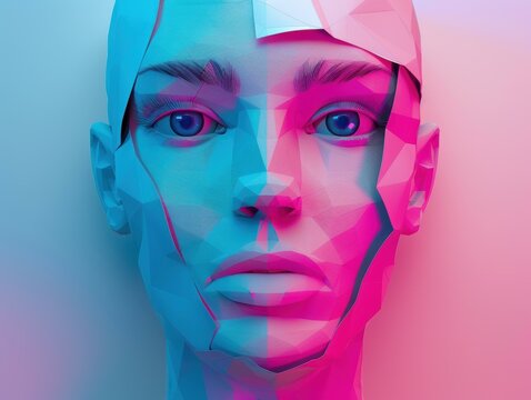 A digital portrait of a face made of polygons. AI.
