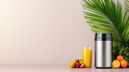 A silver container with fresh fruit and juice surrounded by tropical greenery on a pristine countertop in bright daylight