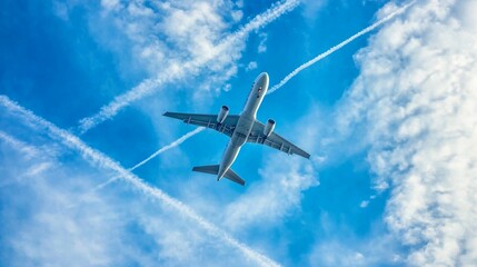Obraz premium Airplane flying in a blue sky with white clouds and contrails