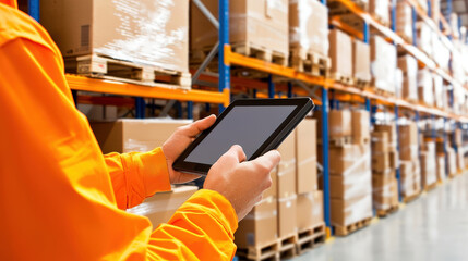 engineer is using tablet to check data in warehouse, surrounded by stacked boxes and shelves, ensuring efficient inventory management