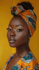 A close-up portrait of a woman wearing a colorful headwrap. AI.