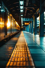 Obraz premium A train platform with a yellow line leading to the train. AI.