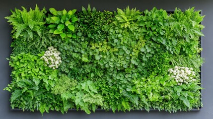 A vibrant green wall covered with various types of ferns and plants in a contemporary indoor setting