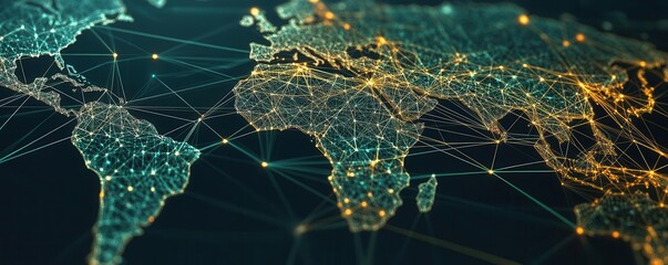Radiating points and lines connecting continents, global trade impact by policy shifts