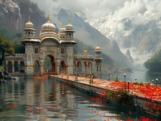 Majestic Stone Architecture with Water Reflection and Mountain Landscape