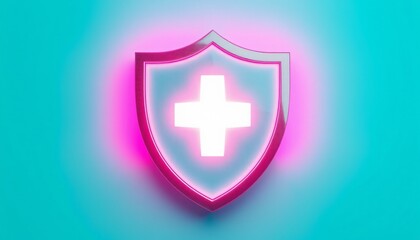 Obraz premium Turquoise and pink shield with a glowing cross, symbolizing medical protection, healthcare safety