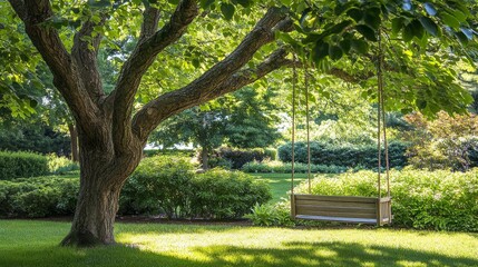 110.A large leafy tree with sprawling branches creates a canopy of shade over a rustic wooden swing hanging from one of its sturdy limbs. Beneath the tree, the lush green grass is bathed in dappled