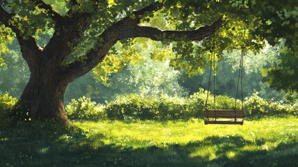 Naklejka premium 112.A picturesque scene featuring a large tree with vibrant green leaves providing cool shade to a simple wooden swing hanging from its branch. The grass beneath is bright and lush, with patches of