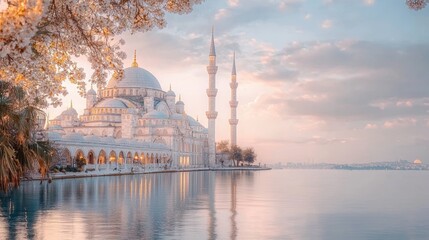 Obraz premium A serene view of a historic mosque by the water during sunset, surrounded by blooming trees in Istanbul, Turkey