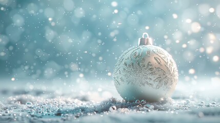 A silver Christmas ornament sits on a snowy surface. AI.